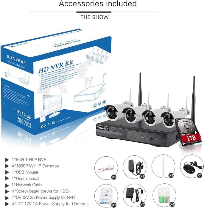 Wireless Security Camera System - 4PCS 3.0MP Home Security Cameras, Expandable 8CH NVR with 1TB Hard Disk, 24/7 Video & Audio Recording, Plug and Play, Remote Access, Motion Detection.