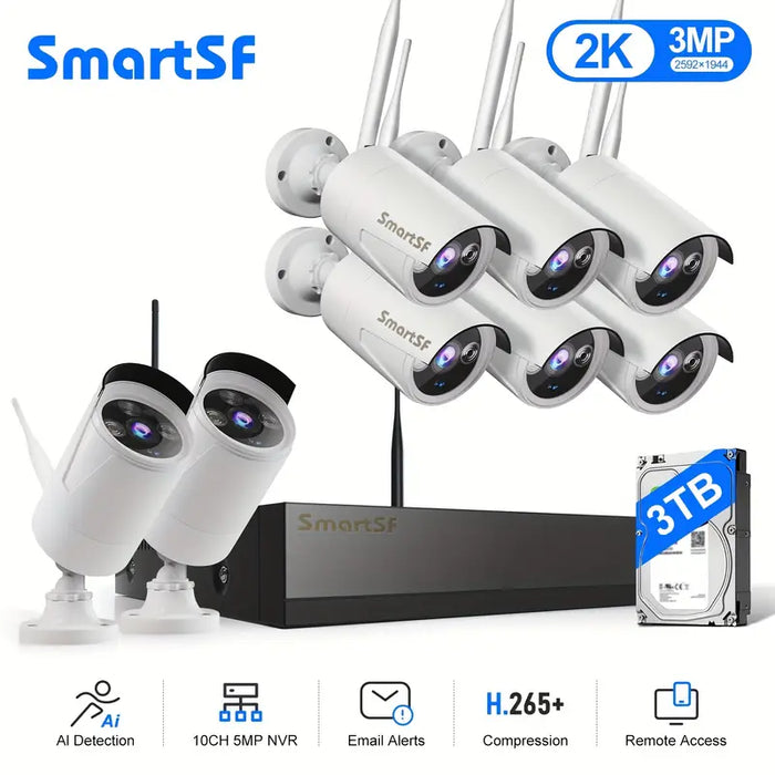 Wireless Security Camera System, 10CH with 8 3MP Cameras, 3TB HDD, Night Vision, Motion Detection, Indoor/Outdoor Video Surveillance, Free App (3MP-3TB Hard Drive-8 Cam)