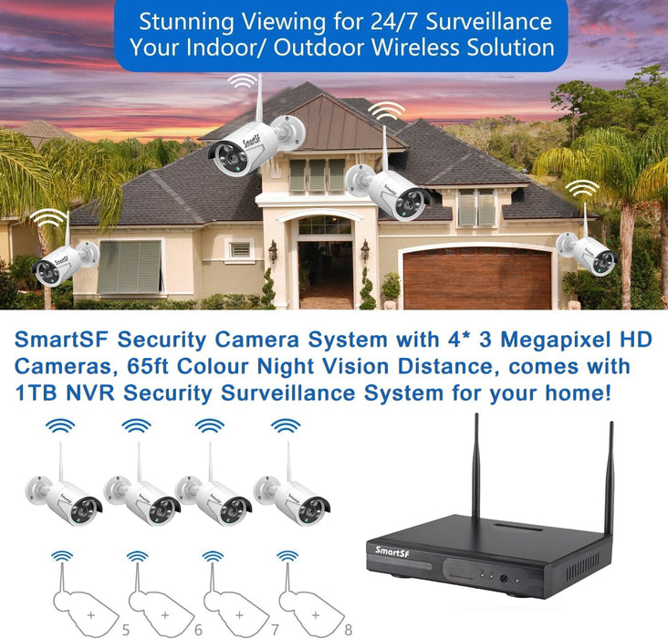 Wireless Security Camera System - 4PCS 3.0MP Home Security Cameras, Expandable 8CH NVR with 1TB Hard Disk, 24/7 Video & Audio Recording, Plug and Play, Remote Access, Motion Detection.