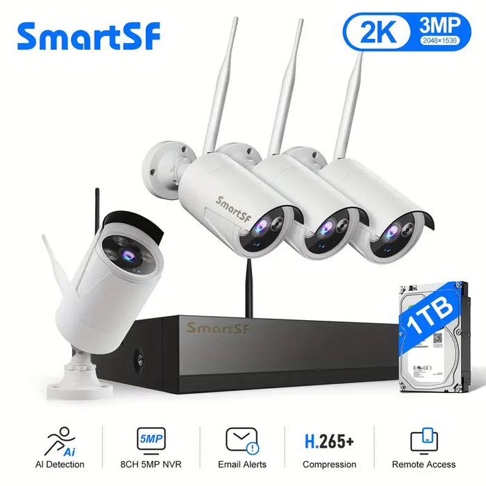 SmartSF Wireless Security Camera System, 8CH with 4 3MP Cameras, Not Hard Drive, Night Vision